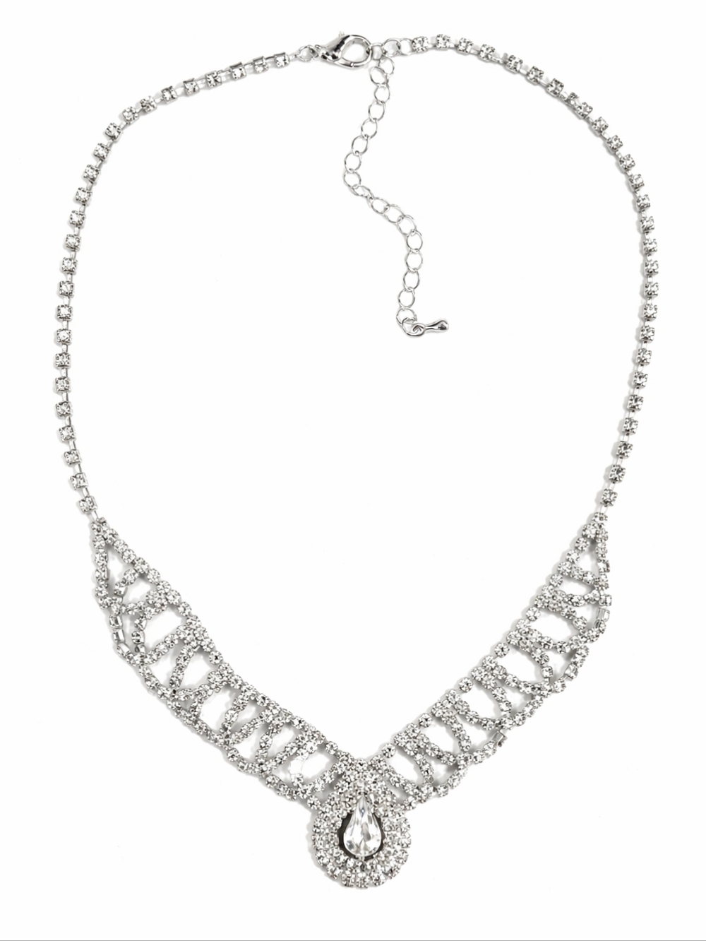 Silver Tone Rhinestone Teardrop Statement Necklace NWT Bridal Wedding Glam